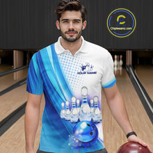 Load image into Gallery viewer, Custom Blue and White Bowling Mens Polo, Quarter Zip Shirts, Bowlers Outfit NQS10607