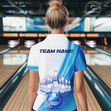 Load image into Gallery viewer, Custom Blue and White Bowling Women&#39;s Polo, Quarter Zip Shirts, Bowlers Outfit NQS10607