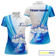 Load image into Gallery viewer, Custom Blue and White Bowling Women&#39;s Polo, Quarter Zip Shirts, Bowlers Outfit NQS10607