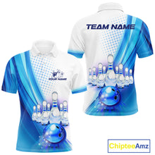 Load image into Gallery viewer, Custom Blue and White Bowling Mens Polo, Quarter Zip Shirts, Bowlers Outfit NQS10607