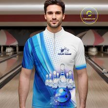Load image into Gallery viewer, Custom Blue and White Bowling Mens Polo, Quarter Zip Shirts, Bowlers Outfit NQS10607