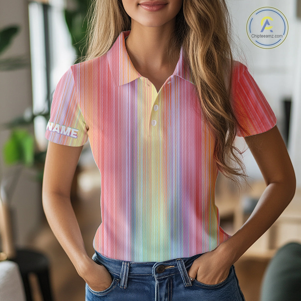 Colorful rainbow stripe pattern Women golf polo shirt custom best golf apparel for ladies NQS10406