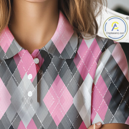 Pink argyle pattern Womens golf polo shirt custom best team golf shirts, golfing gifts NQS10407