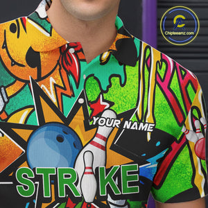 Custom Funny colorful pattern Bowling Team Polo, Quarter Zip Shirt For Men, Mens Bowling Jersey NQS10094