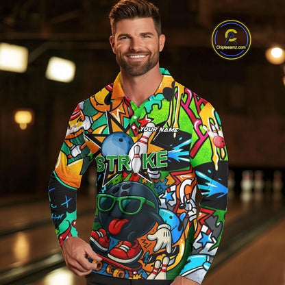 Custom Funny colorful pattern Bowling Team Polo, Quarter Zip Shirt For Men, Mens Bowling Jersey NQS10094