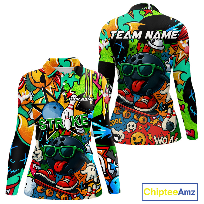 Custom Funny colorful pattern Bowling Team Polo, Quarter Zip Shirt For Women, Ladies Bowling Jersey NQS10094