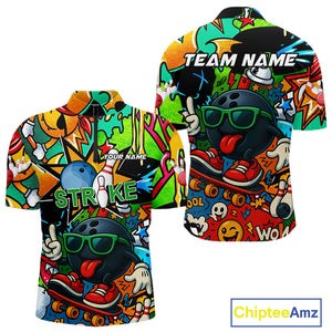 Custom Funny colorful pattern Bowling Team Polo, Quarter Zip Shirt For Men, Mens Bowling Jersey NQS10094