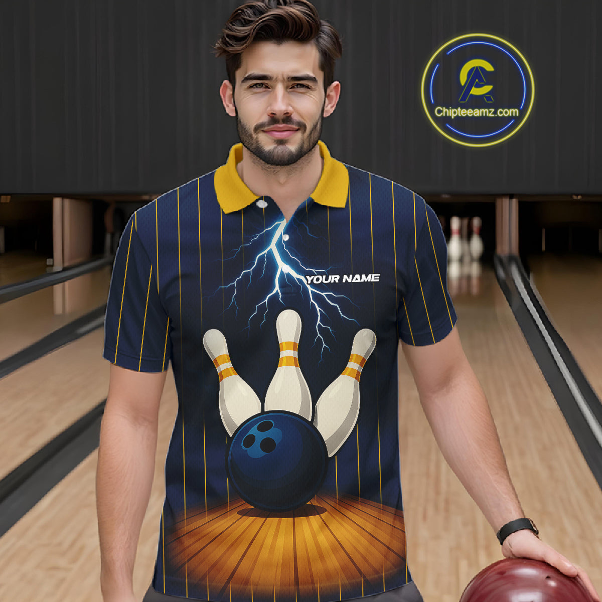 Custom Yellow and Blue Lightning Thunder Bowling Polo, 1/4 Zip Shirts For Men, Team Bowling Outfits NQS10620