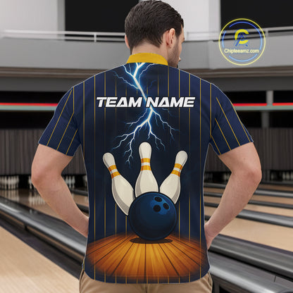 Custom Yellow and Blue Lightning Thunder Bowling Polo, 1/4 Zip Shirts For Men, Team Bowling Outfits NQS10620
