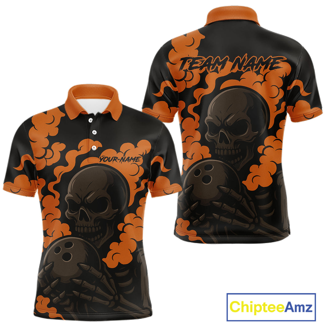 Custom Black and Orange Skull Team Bowling Polo, 1/4 Zip Shirts For Men, Halloween Bowling Outfits NQS10621