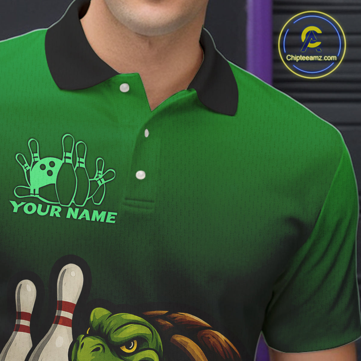 Custom Green Turtle Bowling Polo, Quarter Zip shirts For Men, Bowling tournament Team Jerseys NQS10624