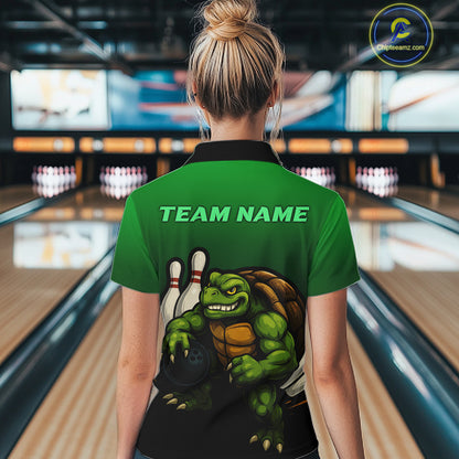 Custom Green Turtle Bowling Polo, Quarter Zip shirts For Women, Bowling tournament Team Jerseys NQS10624