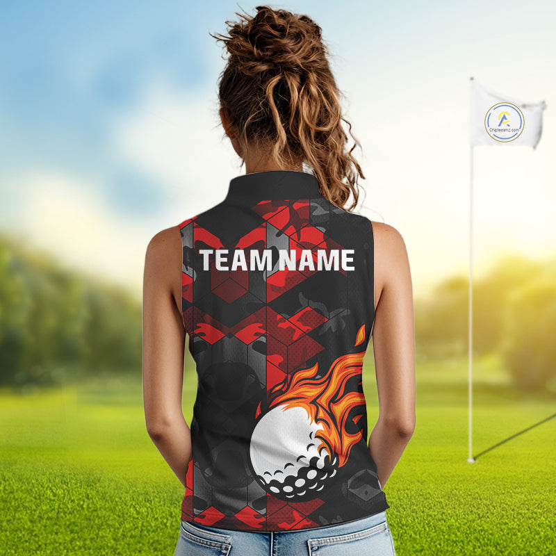 Black and Red Camo Flame Golf Ball Custom Womens Sleeveless polo shirts, golf top for ladies NQS10100