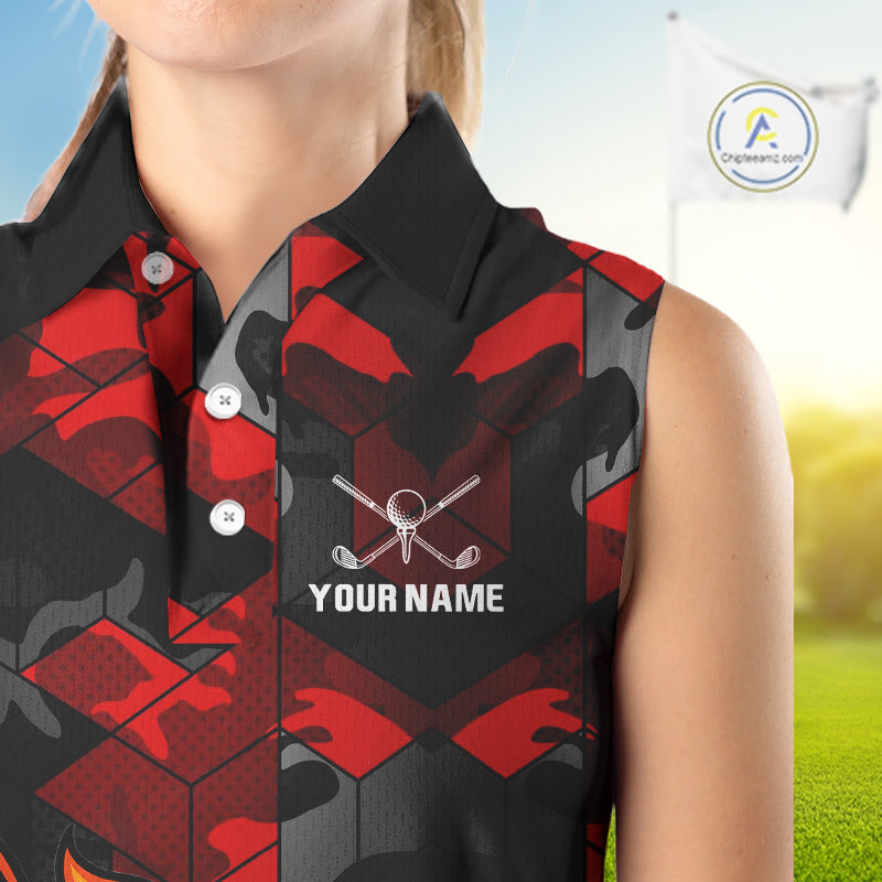Black and Red Camo Flame Golf Ball Custom Womens Sleeveless polo shirts, golf top for ladies NQS10100