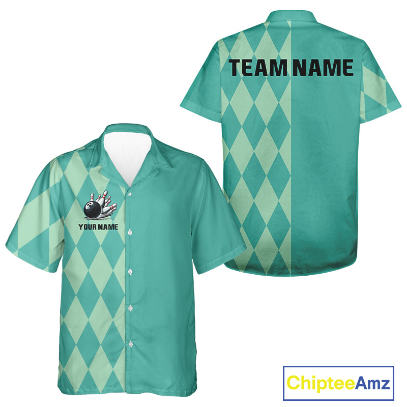Turquoise argyle pattern Bowling Hawaiian Shirt Custom Team Bowling Button Up Shirt NQS10107