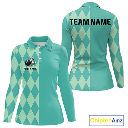Turquoise argyle pattern Bowling Polo, Quarter Zip Shirt For Women Custom Team Bowling Jerseys NQS10107
