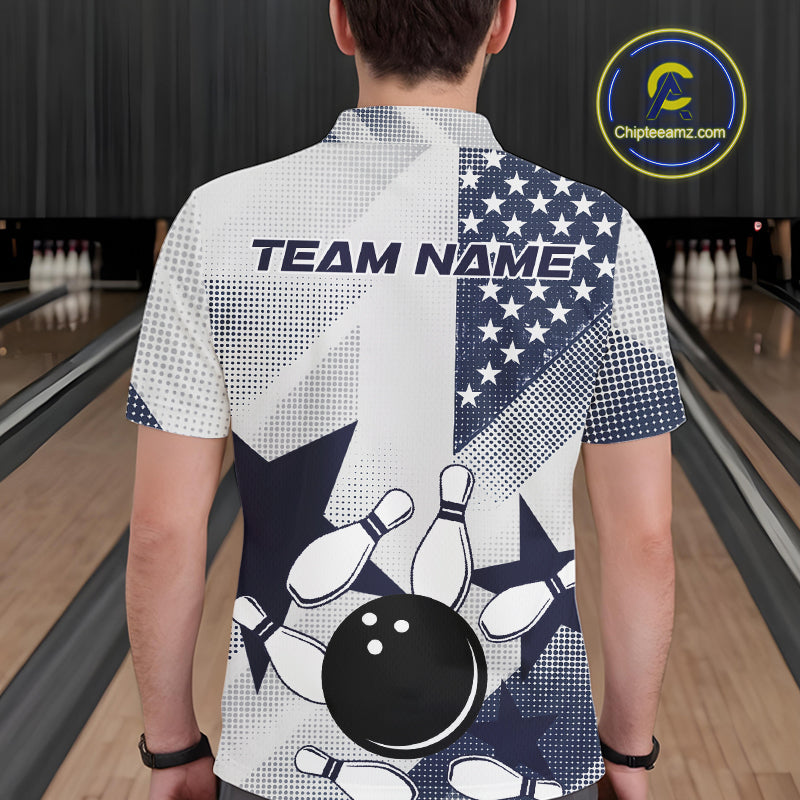 White and Blue American Flag Bowling shirts for Men Custom patriotic retro Bowling Team Jersey NQS10248