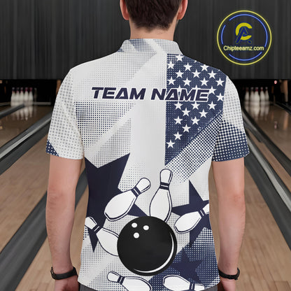 White and Blue American Flag Bowling shirts for Men Custom patriotic retro Bowling Team Jersey NQS10248