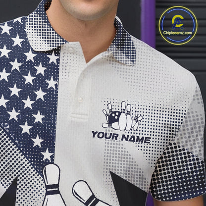 White and Blue American Flag Bowling shirts for Men Custom patriotic retro Bowling Team Jersey NQS10248