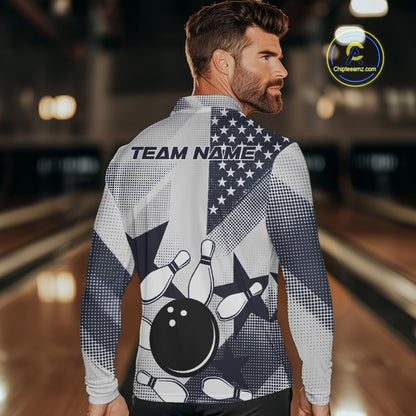White and Blue American Flag Bowling shirts for Men Custom patriotic retro Bowling Team Jersey NQS10248