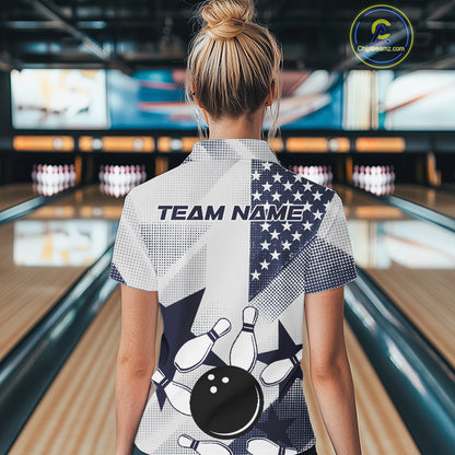 White and Blue American Flag Bowling shirts for Women Custom patriotic retro Bowling Team Jersey NQS10248