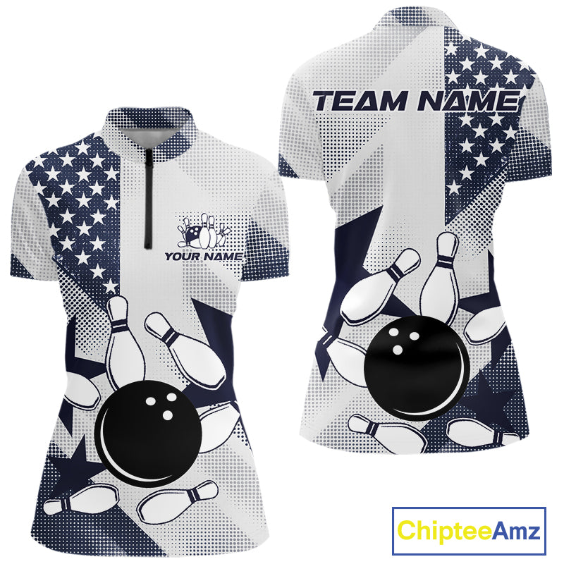White and Blue American Flag Bowling shirts for Women Custom patriotic retro Bowling Team Jersey NQS10248