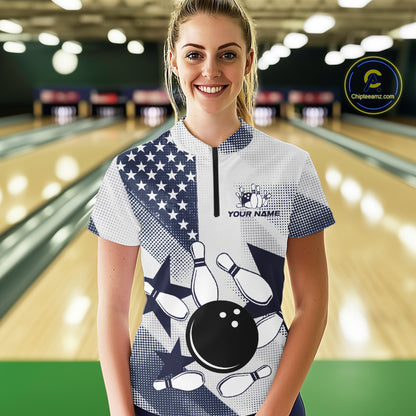 White and Blue American Flag Bowling shirts for Women Custom patriotic retro Bowling Team Jersey NQS10248