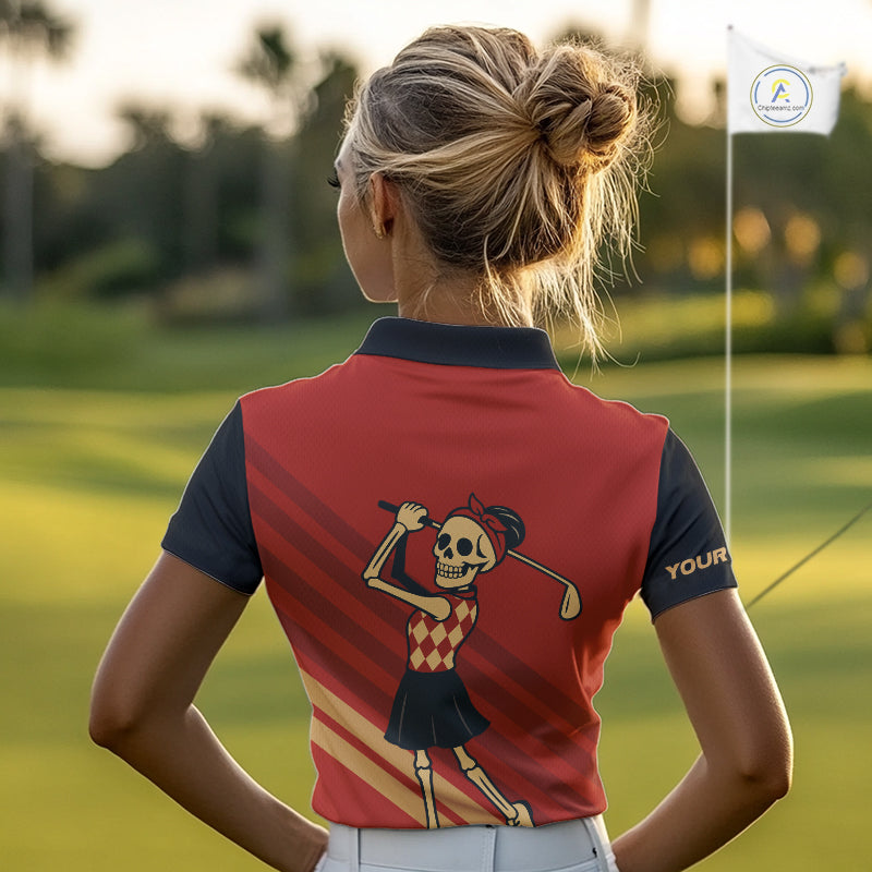 Funny argyle pattern Skull Golf Polo Shirts for Women Custom ladies golf attire, cool golf gift | Red NQS10251