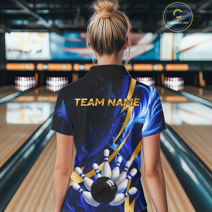 Personalized Bowling Polo, Quarter Zip Shirt for Women Custom Blue Flame and Gold Bowling Team Jersey NQS10446