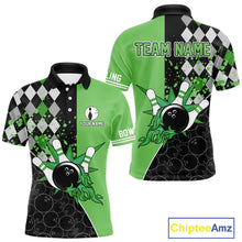Load image into Gallery viewer, Custom Black and Green argyle pattern flame Bowling Team Jerseys, Bowling Polo, 1/4 Zip Shirt for Men NQS10450