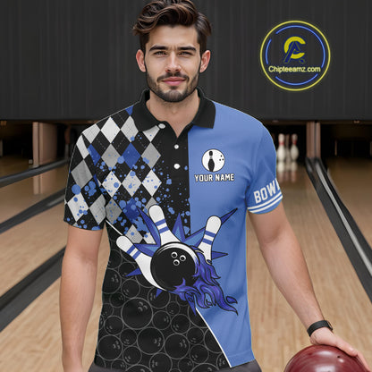 Custom Black and Blue argyle pattern flame Bowling Team Jerseys, Bowling Polo, 1/4 Zip Shirt for Men NQS10451