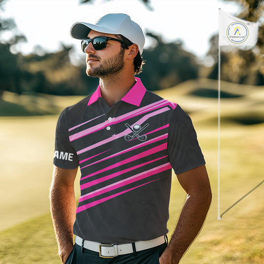 Pink and Black ribbon pattern Men golf polo shirts Custom breast cancer golf attire for men NQS10115