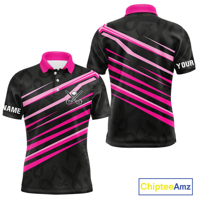 Pink and Black ribbon pattern Men golf polo shirts Custom breast cancer golf attire for men NQS10115