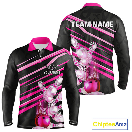 Pink and Black ribbon pattern Men Bowling Shirts Custom breast cancer awareness Team Bowling Jersey NQS10116