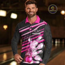 Load image into Gallery viewer, Pink and Black ribbon pattern Men Bowling Shirts Custom breast cancer awareness Team Bowling Jersey NQS10116
