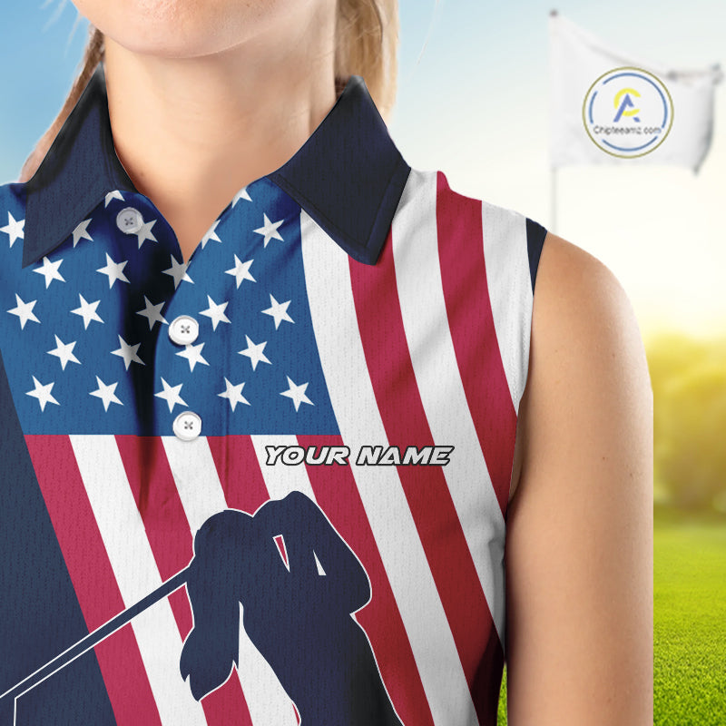 American Flag Sleeveless Polo Shirt custom women's patriotic polo shirts, best golf shirts for ladies NQS10253