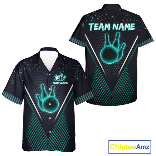 Bowling hawaiian shirt custom team bowling button up shirt, gift for bowlers | Turquoise NQS10256