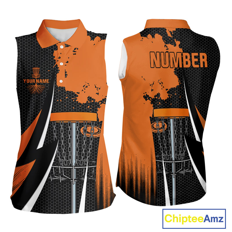 Women disc golf sleeveless polo shirt custom team disc golf jersey, unique disc golf gift | Orange NQS10257