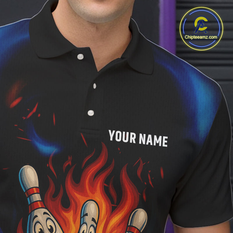 Blue and Black Flame Bowling shirts for Men custom funny bowling ball and pins team bowler jerseys NQS10260