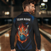 Load image into Gallery viewer, Blue and Black Flame Bowling shirts for Men custom funny bowling ball and pins team bowler jerseys NQS10260