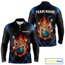 Load image into Gallery viewer, Blue and Black Flame Bowling shirts for Men custom funny bowling ball and pins team bowler jerseys NQS10260