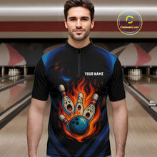 Load image into Gallery viewer, Blue and Black Flame Bowling shirts for Men custom funny bowling ball and pins team bowler jerseys NQS10260