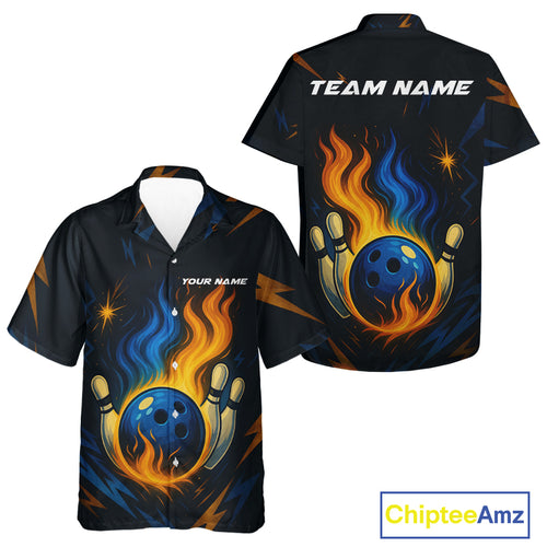 Blue and Yellow Flame Bowling hawaiian shirt custom bowling team button up shirt for bowler NQS10262