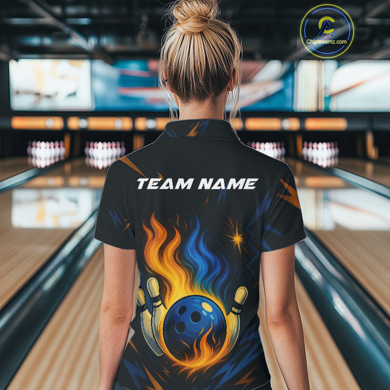 Blue and Yellow Flame Bowling shirts for Women custom bowling team jerseys for ladies bowler NQS10262
