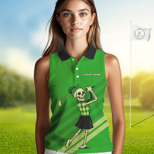 Funny argyle pattern Skull Sleeveless Polo Shirt Custom ladies golf attire, cool golf gift | Green NQS10655