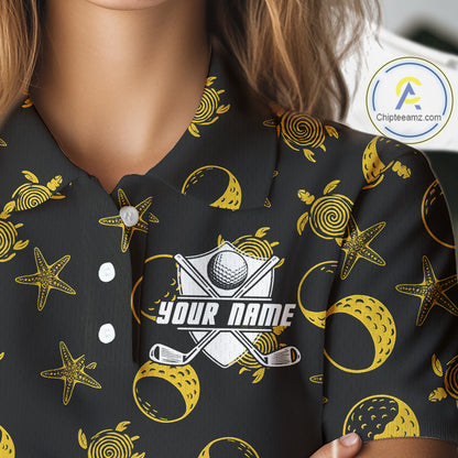 Black and Gold golf pattern Women golf polo shirts Custom best ladies golf wear, golfing gifts NQS10130