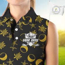 Load image into Gallery viewer, Black and Gold golf pattern Women sleeveless polo shirt Custom best ladies golf wear, golf gifts NQS10130