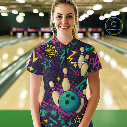 Custom purple graffiti pattern funny Bowling shirts for Women, bowling team league jerseys with Name NQS10270