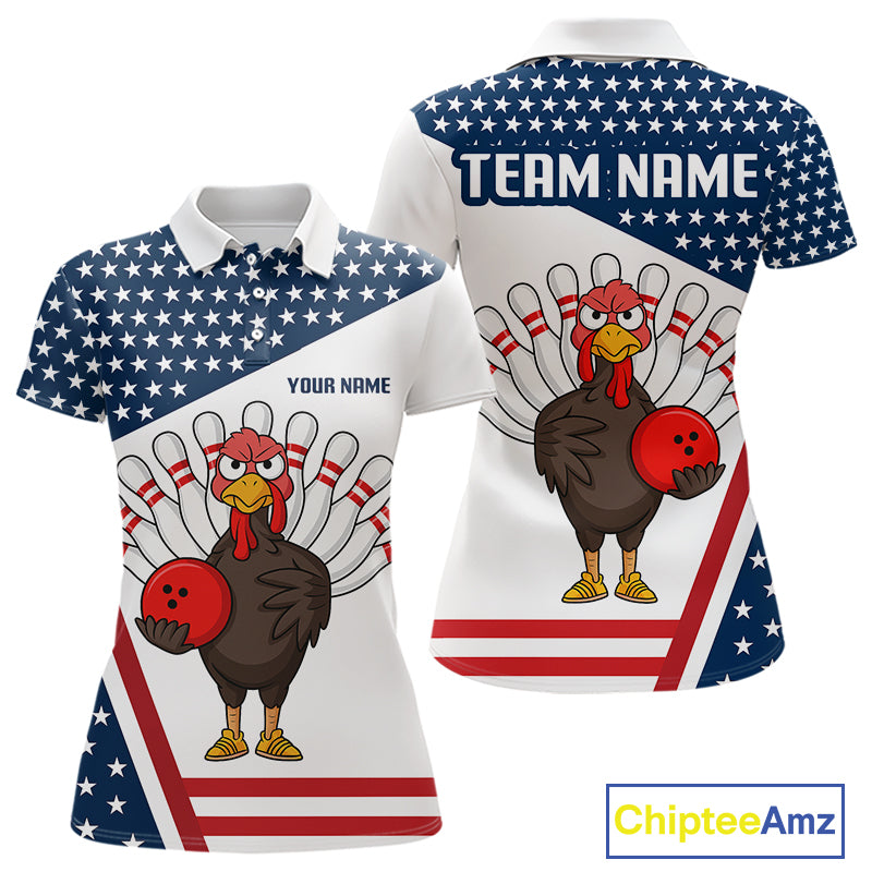 American Flag Funny Turkey Bowling Polo, 1/4 Zip shirt for Women custom patriotic bowling team jersey NQS10272