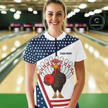 Load image into Gallery viewer, American Flag Funny Turkey Bowling Polo, 1/4 Zip shirt for Women custom patriotic bowling team jersey NQS10272